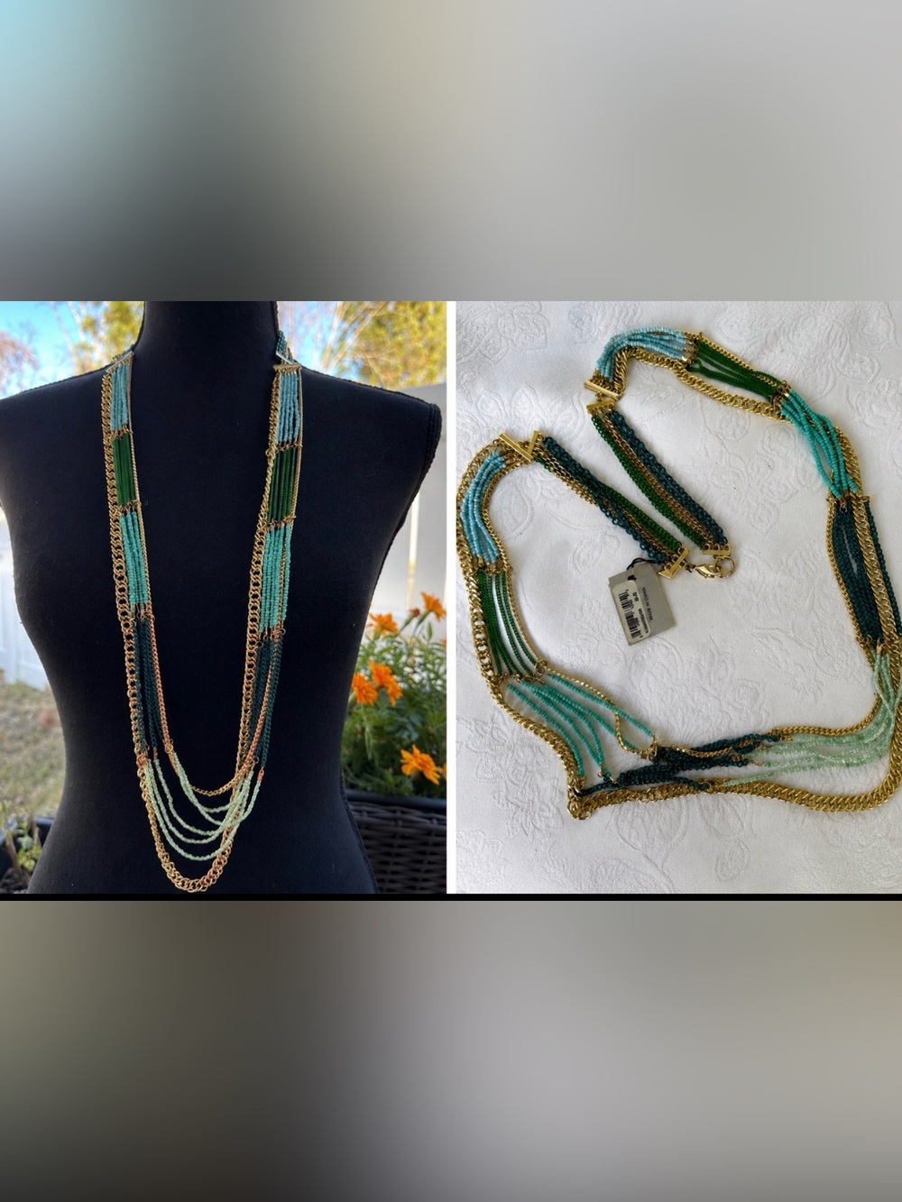 Sequin Turquoise Blue Green Beaded Layered Chain Statement Necklace 38" NEW $98